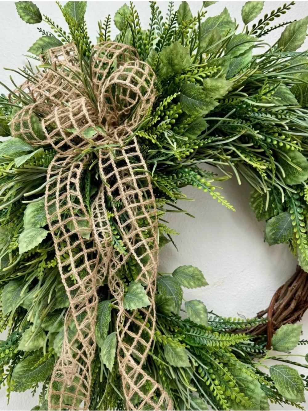Year Round Wreath - Green Rustic Jute Bow Fern Wreath - Mother's Day